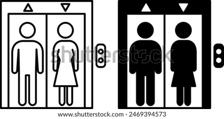 Elevator icons. Black and White Vector Icons. Man and Woman in an Elevator. Up and Down Arrows. Hotel and Building Concept