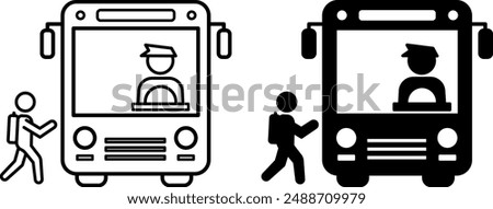 School Bus Icons. Black and White Vector Icons. School Bus with Driver and Schoolchild with Backpack. Education and School Concept