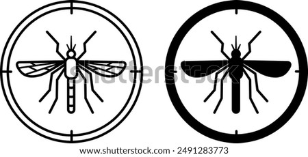 Mosquito icons. Black and White Vector Icons. Goal Sign with Insect Inside. Insect repellent. Camping and Tourism. Label or Logo for Packaging