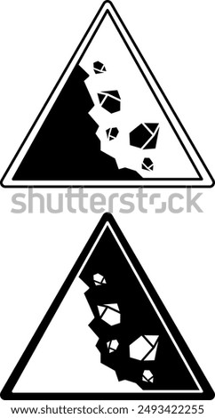 Signs Generic Caution. Black and White Vector Icons. Big Stones Falling from the Mountain. Danger Warning Sign