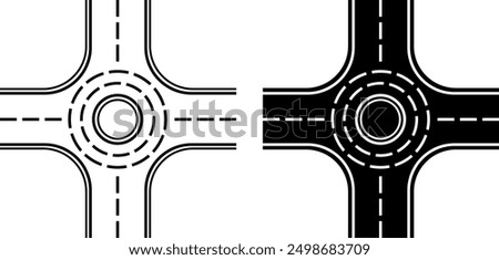 Roundabout Icons. Black and White Vector Icons. One-Way Road Around. Roundabout Intersection. Road Concept