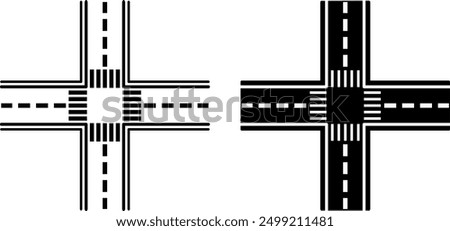 Intersection Icons. Black and White Vector Icons. Highway Intersection and Pedestrian Crossings. Road Concept