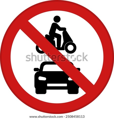 Red Sign All Motor Vehicles Prohibited. Warning Road Sign. Car and Person Riding Motorcycle. Vector Icon