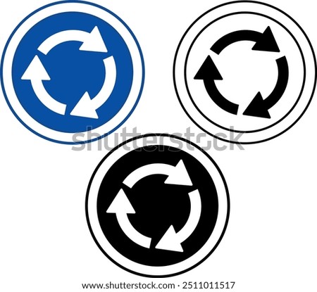 Roundabout Ahead Signs. Blue Road Signs. Roundabout Right Arrow. Black and White Vector Icons