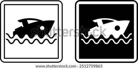 Signs Pier. Square Road Signs. Boat Sailing on the Sea. Black and White Vector Icons