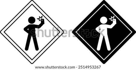 Selfie Zone Signs. Humorous Funny Road Signs. Man Taking Selfie Photo. Black and White Vector Icons