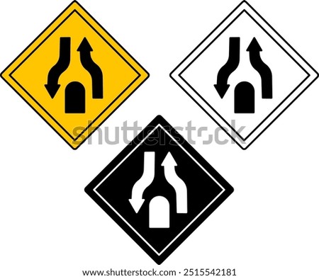 End Divided Road Signs. Warning Road Signs. Yellow, Black, and White Vector Icons