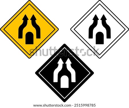 Signs Separated Highway Ends In One-Way Traffic. Warning Road Signs. Yellow, Black And White Vector Icons