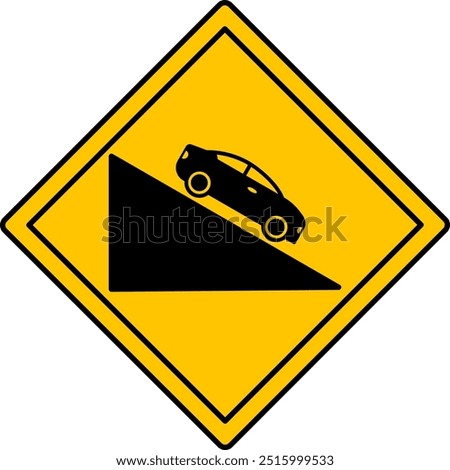 Yellow Sign Steep Descent. Warning Diamond Road Sign. Car Driving Down. Vector Icon