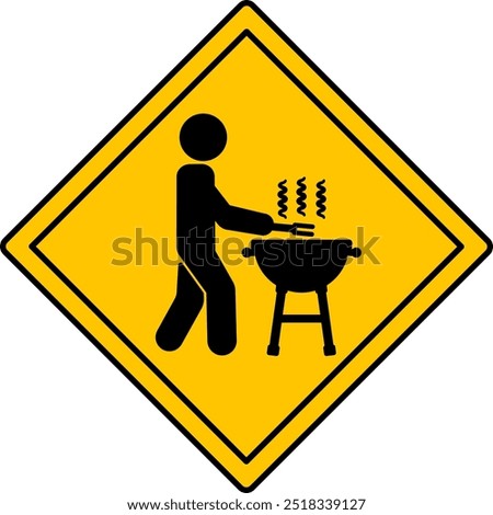 Yellow Sign BBQ Zone. Warning Road Sign. Grilling Meat Allowed. Man Cooking Food. Outdoor Picnic. Vector Icon