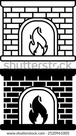 Fireplace Icons. Black and White Vector Icons. Kindling Fire in the Stove. Symbol of Home Comfort. Christmas and Holiday Concept