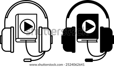 Audio Book Icons. Black and White Vector Icons. Headphones with Microphone and Book with Play Icon. Online Book, E-Book. Online Education Concept