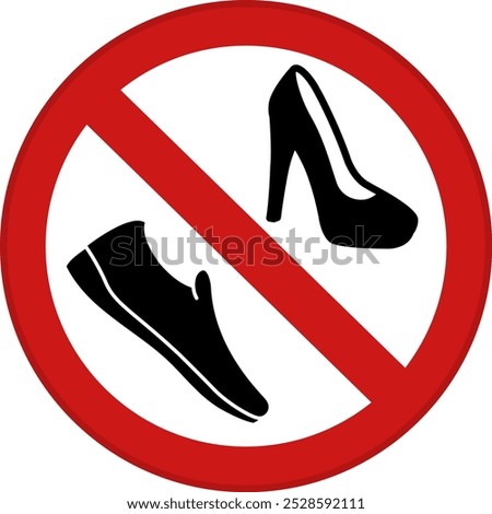 Red Sign Please No Shoes. Vector Icon. Round Prohibition Sign. Women's Heeled Shoe and Slippers. Prohibition on Wearing Shoes