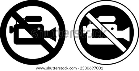 Video Recording Or Streaming Not Allowed Signs. Black and White Vector Icons. Prohibitory Round Sign. Do Not Use a Video Camera
