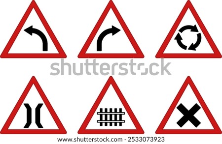 Red Prohibitory Triangle Road Signs. Vector Icons. Left and Right Turn, Roundabout, Bridge Ahead, Railway and Intersection