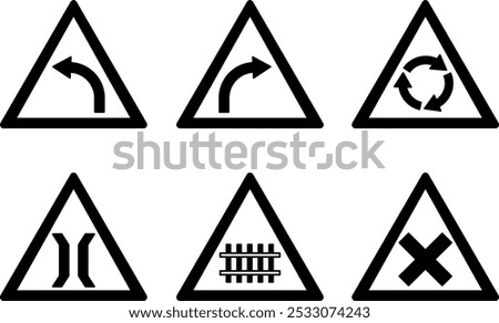 Prohibitory Triangle Road Signs. Vector Icons. Left and Right Turn, Roundabout, Bridge Ahead, Railway and Intersection
