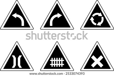 Black Prohibitory Triangle Road Signs. Vector Icons. Left and Right Turn, Roundabout, Bridge Ahead, Railway and Intersection