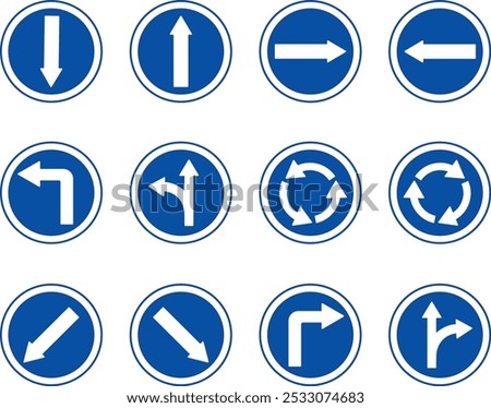 Blue Arrows Showing Traffic. Round Signs. Vector Icons. Back, Forward, Right and Left Arrows. Straight or Right, Straight or Left. Roundabout. Keep Left or Right