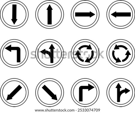 Road Traffic Arrows. Round Signs.  Vector Icons. Back, Forward, Right and Left Arrows. Straight or Right, Straight or Left. Roundabout. Keep Left or Right