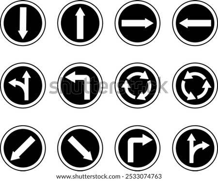 Black Road Traffic Arrows. Round Signs. Vector Icons. Back, Forward, Right and Left Arrows. Straight or Right, Straight or Left. Roundabout. Keep Left or Right