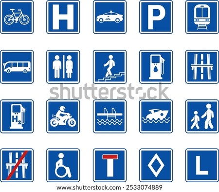 Blue Square Road Signs. Vector Icons. Parking, Train Station, Hospital, Toilet, Bus Stop, Subway, Pool, Pier, Disabled Parking, and More