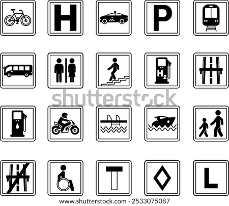 Square Road Signs. Vector Icons. Parking, Train Station, Hospital, Toilet, Bus Stop, Subway, Pool, Pier, Disabled Parking, and More