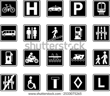 Black Square Road Signs. Vector Icons. Parking, Train Station, Hospital, Toilet, Bus Stop, Subway, Pool, Pier, Disabled Parking, and More