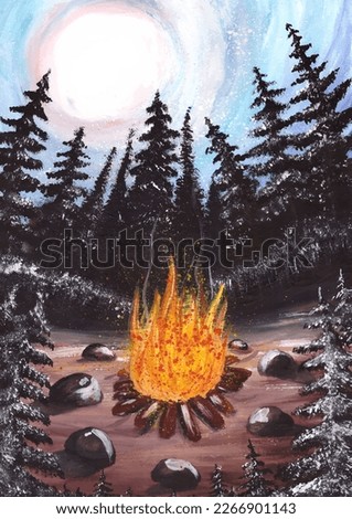 Trees in the moonlight. Night forest on the background of the starry sky. A bonfire is burning in an open clearing. Watercolor drawing. Vector.