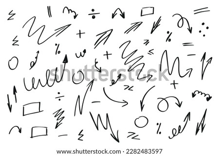 Vector set of mathematical signs drawn by hand. Arrows, plus, minus, division, percentage, equal, greater, less, circle, rectangle. Outline of a business plan and education.