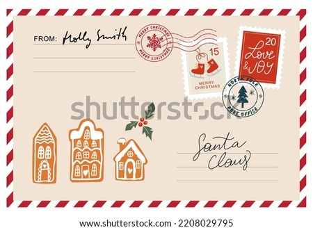 Christmas envelope with stamps, seals, gingerbread houses and inscriptions to Santa Claus.