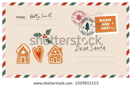 Christmas envelope with stamps, seals, gingerbread houses and inscriptions to Santa Claus.