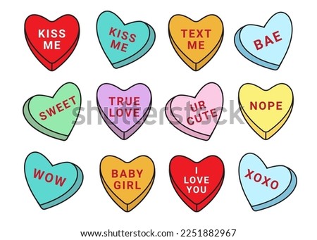 Vector set bundle of different color Valentines candy with love text