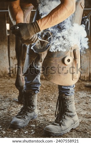 Similar – Image, Stock Photo Blacksmith taking horseshoe from furnace