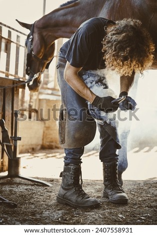 Similar – Image, Stock Photo Blacksmith taking horseshoe from furnace