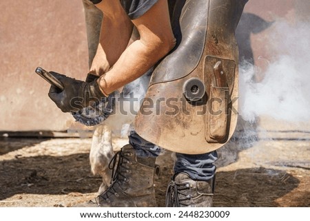 Similar – Image, Stock Photo Blacksmith taking horseshoe from furnace