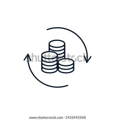 A stack of coins, an arrow in a circle. The concept of currency exchange, cash back, quick loan, return, fund management, financial services, return on investment, stock market. Vector icon isolated o