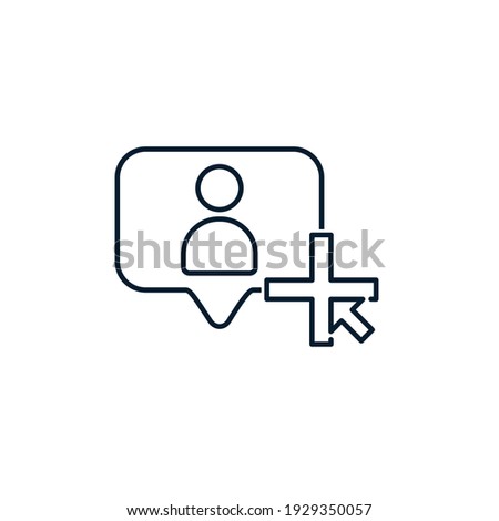 Text box, person silhouette, plus, arrow. User profile concept, add new friend, buyer, follower. Vector icon isolated on white background. 