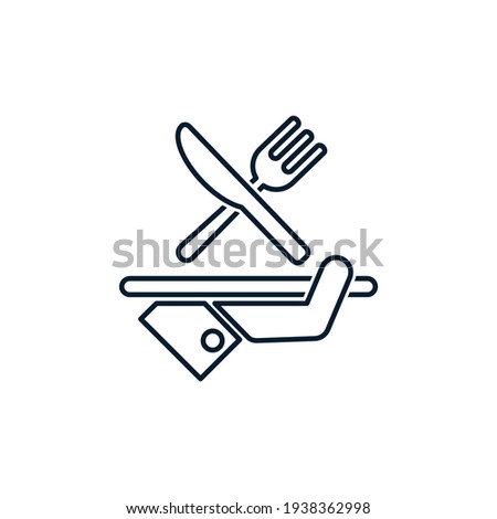 Knife, fork, tray, hand. Concept for restaurant, hotel, cafe, food, haute cuisine. Vector icon isolated on white background.