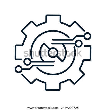 Mechatronics concept, design and production of new mechanisms. Vector linear icon isolated on white background.