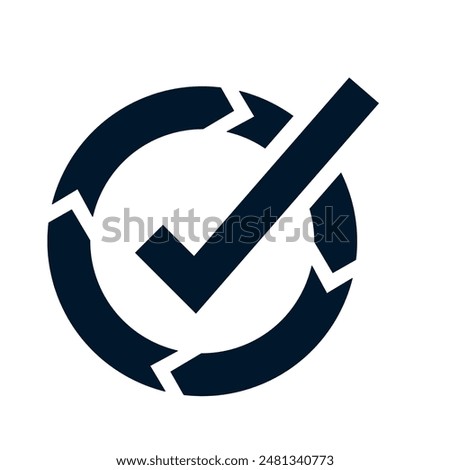 Arrow in a circle, check mark. Concept successful loading, progress. Vector linear icon isolated on white background.