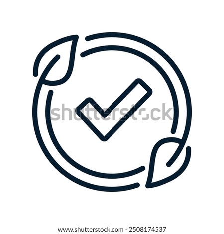 Eco friendly concept. Arrow in circle, leaf, check mark. Vector linear icon isolated on white background.