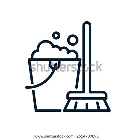 Mop and bucket. Cleaning concept. Vector linear icon isolated on white background.