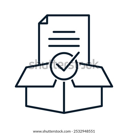 Box, check mark, document. Delivery receipt concept. Vector linear icon isolated on white background.