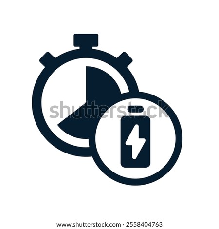 Stopwatch, battery, lightning. Fast charging concept. Vector linear icon isolated on white background.