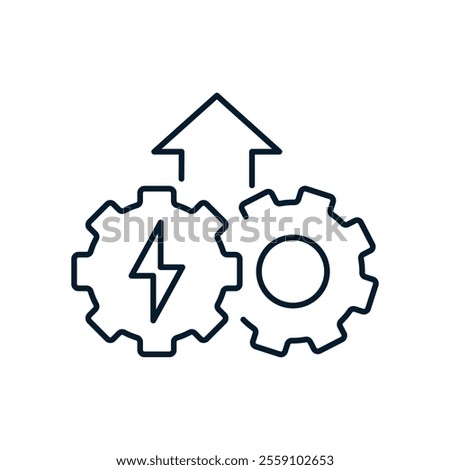 Gears, lightning, up arrow. Innovations in industrial processes. Vector linear icon isolated on white background.