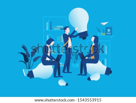 Idea work - three people working on ideas in office, business, big ideas, growth, cooperation, teamwork, success, vector illustration, holding lightbulb. meeting, workshop, growth hack, advertising.