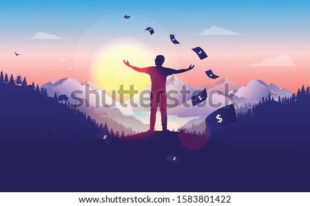 Financial freedom -  man doing a freedom pose at sunset, with beautiful landscape, forest and mountain view, money raining from the sky. Passive income, rich, success concept in vector illustration.