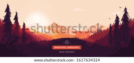 Beautiful vector landscape illustration - Peaceful warm sunrise over mountains, ocean and forest. Travel, hiking, outdoors and adventure concept. Use as background or wallpaper.