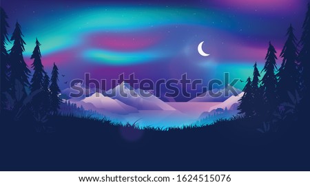 Northern lights illustration - Aurora borealis in the sky over a Norwegian fjord. Beautiful northern landscape scene at night time with moon, forest and ocean. Magical, mystical north concept.