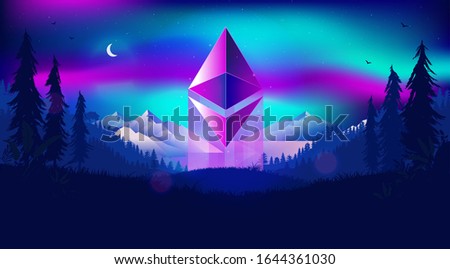 Ethereum symbol rising - cryptocurrency shooting up to the sky in a magical landscape, with northern lights and cold beautiful landscape. Bullish outlook for digital money concept. Illustration.